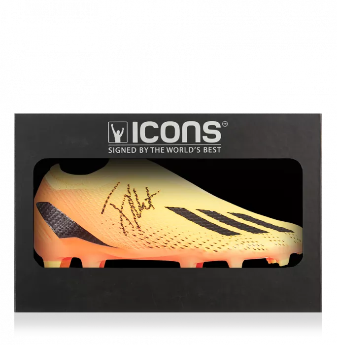 icons Jay-Jay Okocha Signed Orange Adidas Boot In Deluxe Packaging