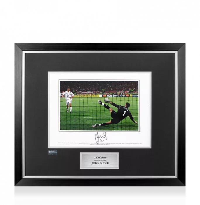 icons Jerzy Dudek Signed Liverpool Photo In Premium Photo Frame: 2005 UEFA Champions League Final Save