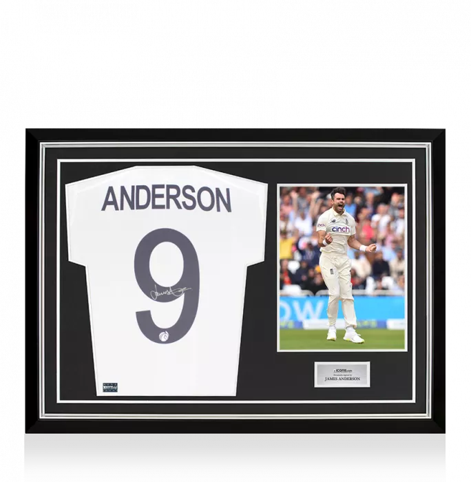 icons Jimmy Anderson Signed England Cricket Shirt In Hero Frame: Option 1
