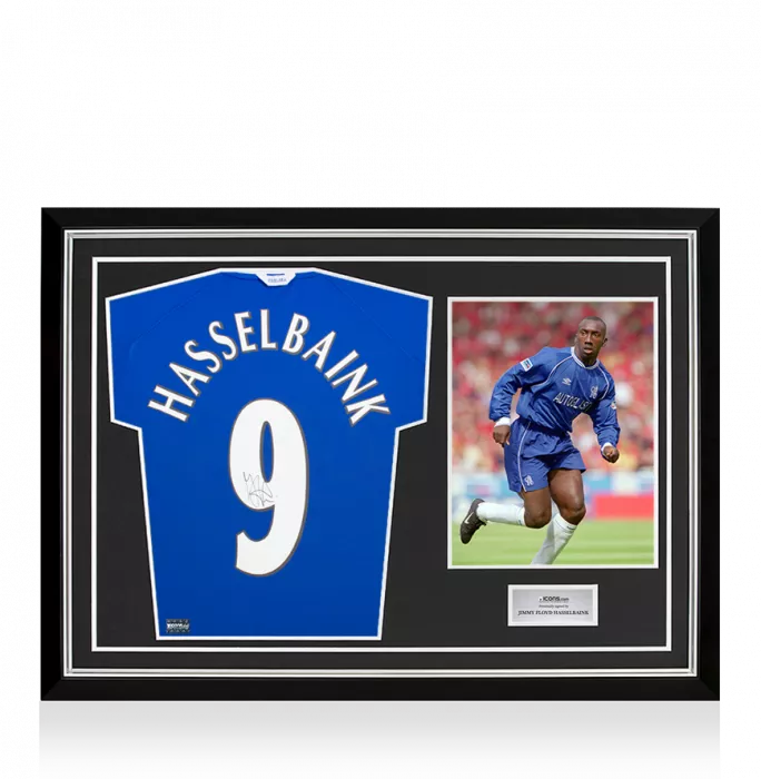 icons Jimmy Floyd Hasselbaink Back Signed Chelsea 1999-01 Home Shirt With Fan Style Numbers In Hero Frame: Option 1