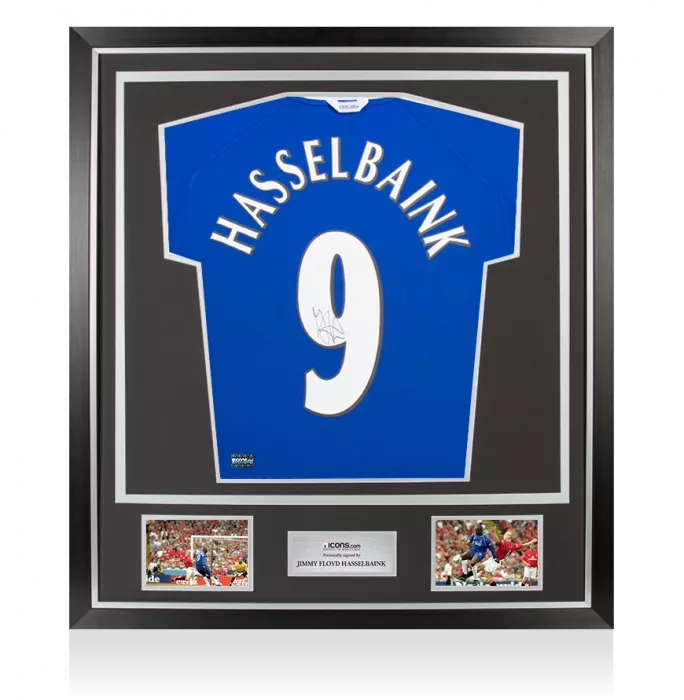 icons Jimmy Floyd Hasselbaink Back Signed Chelsea 1999-01 Home Shirt With Fan Style Numbers In Classic Frame