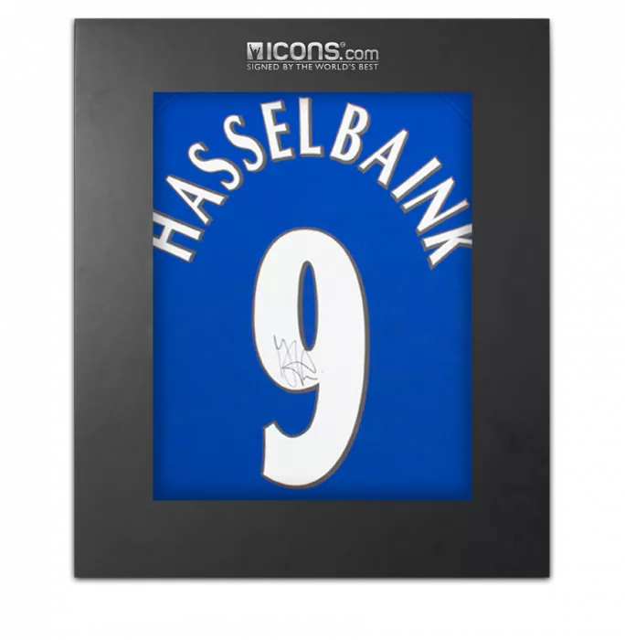 icons Jimmy Floyd Hasselbaink Back Signed Chelsea 1999-01 Home Shirt With Fan Style Numbers In Deluxe Packaging