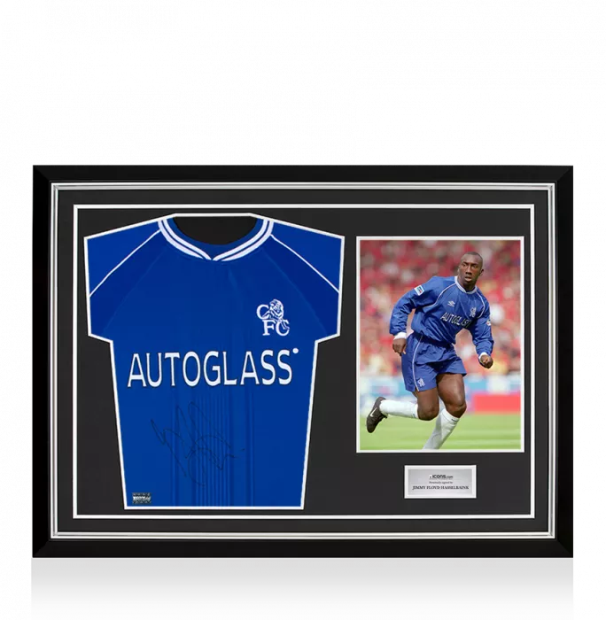 icons Jimmy Floyd Hasselbaink Front Signed Chelsea 1999-01 Home Shirt: Signed in Black In Hero Frame: Option 1