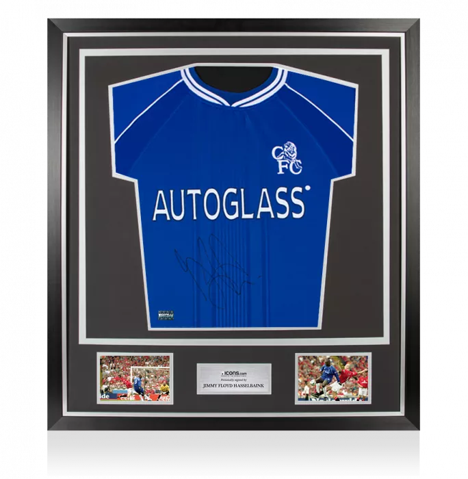 icons Jimmy Floyd Hasselbaink Front Signed Chelsea 1999-01 Home Shirt: Signed in Black In Classic Frame