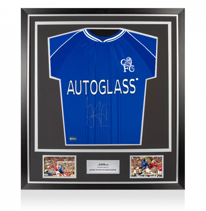 icons Jimmy Floyd Hasselbaink Front Signed Chelsea 1999-01 Home Shirt: Signed in Silver In Classic Frame