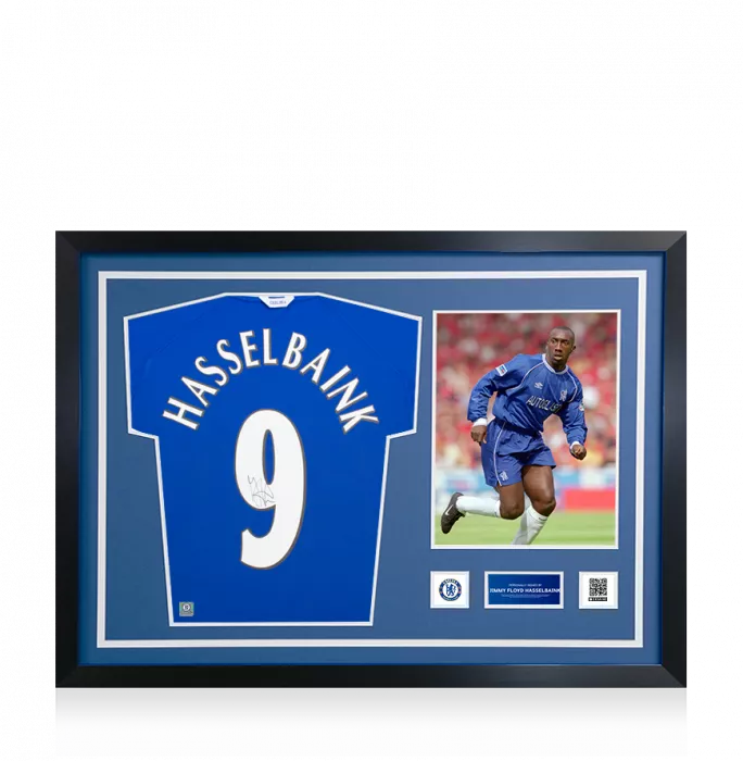 icons Jimmy Floyd Hasselbaink Official Chelsea FC Signed and Framed 1999-01 Home Shirt With Fan Style Numbers