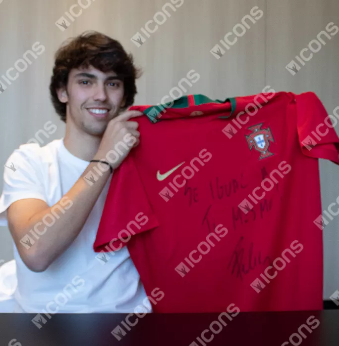 Icons Joao Felix Front Signed Portugal 2019-20 Home Shirt In Classic Frame: "Se Igual A Ti Mesmo" Edition