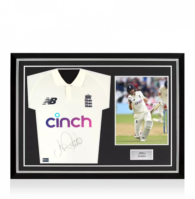 Icons Joe Root Front Signed White England Test Cricket Shirt In Hero Frame: Option 1