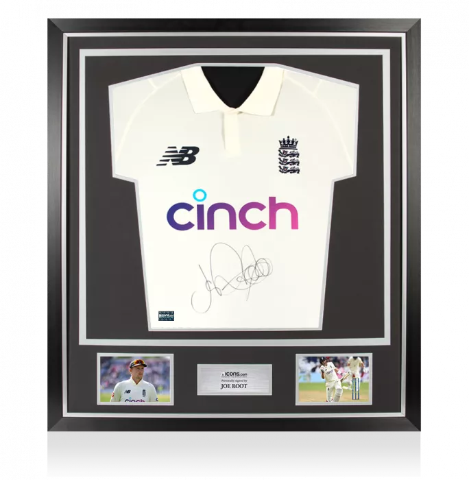 icons Joe Root Front Signed White England Test Cricket Shirt In Classic Frame