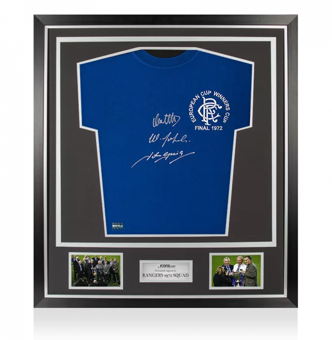 icons John Greig Colin Stein & Willie Johnston Signed Rangers Shirt In Classic Frame: 1972 European Cup Winners' Cup Edition