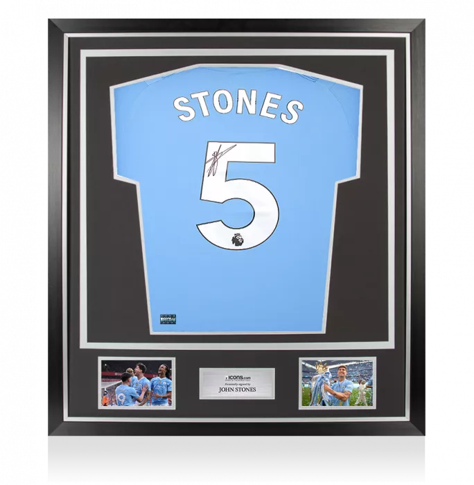 icons John Stones Back Signed Manchester City 2023-24 Home Shirt In Classic Frame