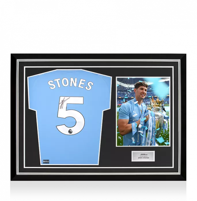 icons John Stones Back Signed Manchester City 2023-24 Home Shirt In Hero Frame: Option 1