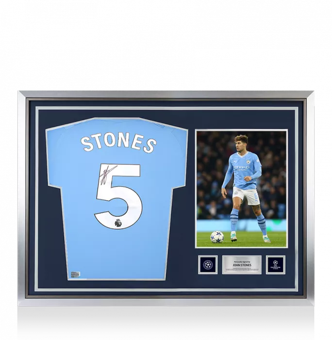 Icons John Stones Official UEFA Champions League Back Signed And Hero Framed Manchester City 2023-24 Home Shirt
