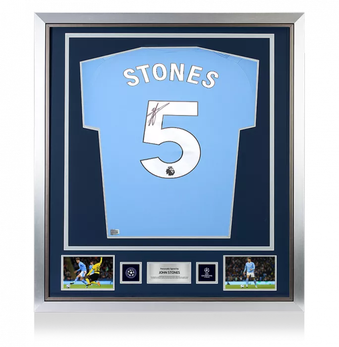 Icons John Stones Official UEFA Champions League Back Signed And Framed Manchester City 2023-24 Home Shirt