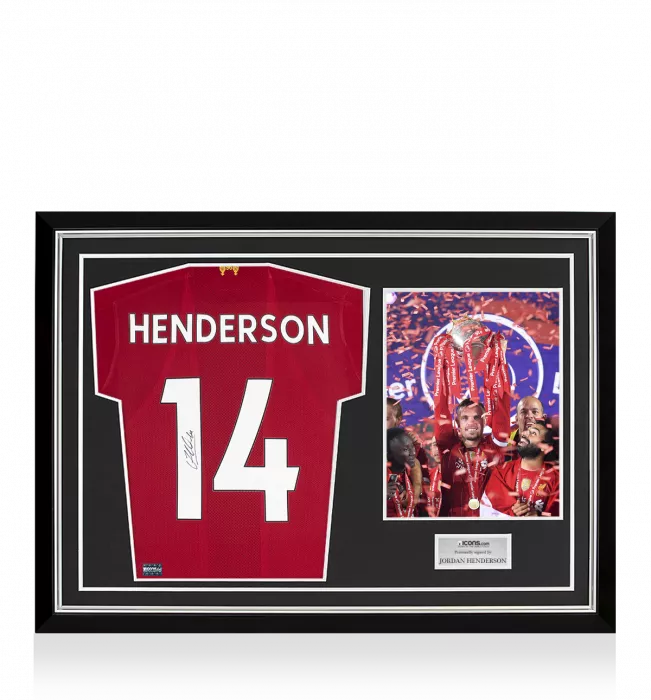 icons Jordan Henderson Back Signed Liverpool 2019-20 Home Shirt With Fan Style Numbers Home Shirt In Hero Frame: Option 1