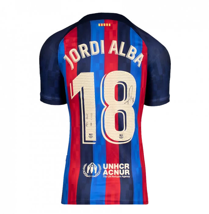 Icons Jordi Alba Back Signed FC Barcelona 2022-23 Home Shirt Inscription - Mes Que En Club In Hero Frame: Option 1
