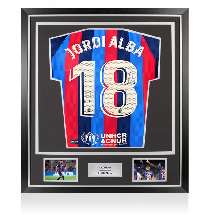 icons Jordi Alba Back Signed FC Barcelona 2022-23 Home Shirt Inscription - Mes Que En Club In Classic Frame