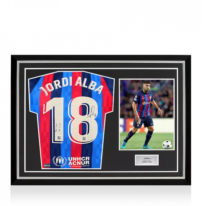 icons Jordi Alba Back Signed FC Barcelona 2022-23 Home Shirt Inscription - Mes Que En Club In Hero Frame: Option 1