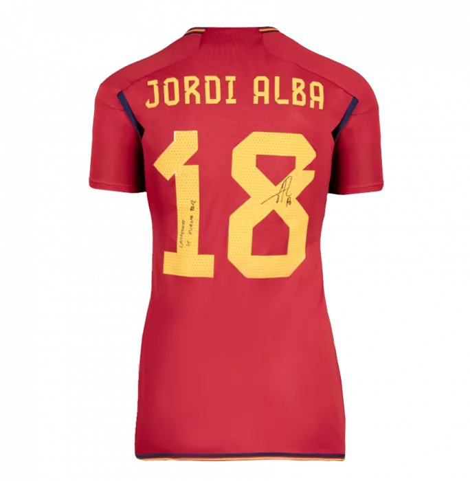 Icons Jordi Alba Back Signed Spain 2022 Home Shirt Inscription - Campeones De Europa 2012 In Hero Frame: Option 1