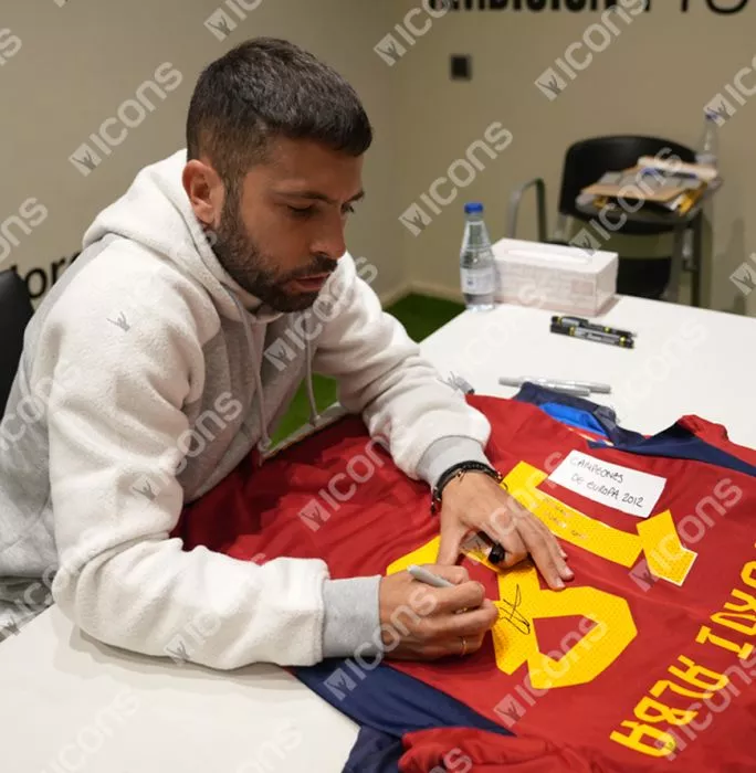 Icons Jordi Alba Back Signed Spain 2022 Home Shirt Inscription - Campeones De Europa 2012 In Hero Frame: Option 1