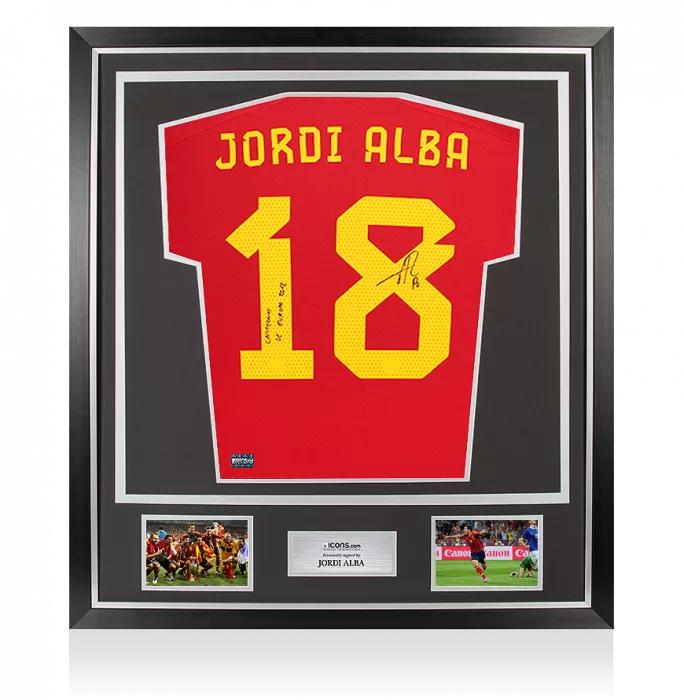 icons Jordi Alba Back Signed Spain 2022 Home Shirt Inscription - Campeones De Europa 2012 In Classic Frame