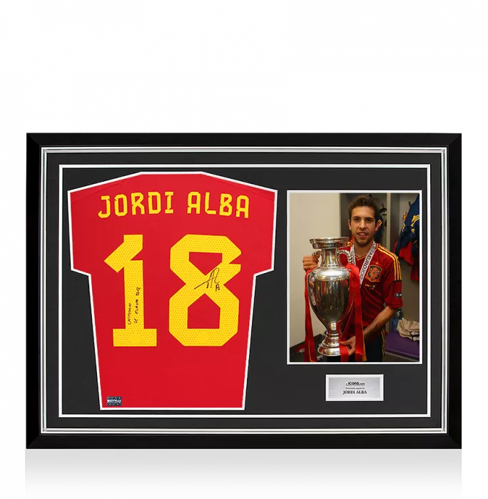icons Jordi Alba Back Signed Spain 2022 Home Shirt Inscription - Campeones De Europa 2012 In Hero Frame: Option 1