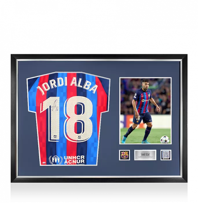 icons Jordi Alba Official FC Barcelona Back Signed and Framed 2022-23 Home Shirt