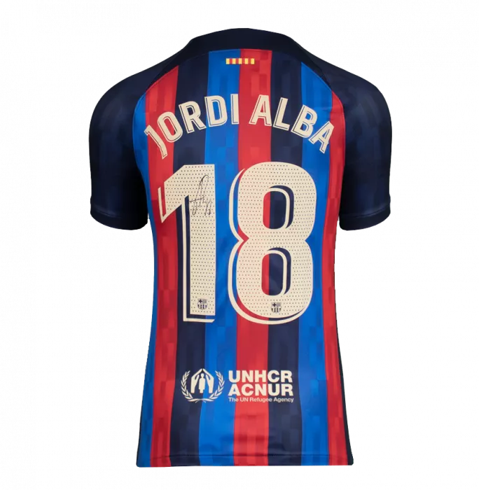 Icons Jordi Alba Official UEFA Champions League Back Signed And Framed FC Barcelona 2022-23 Home Shirt