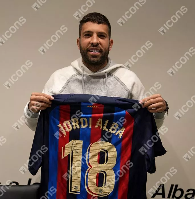 Icons Jordi Alba Official UEFA Champions League Back Signed And Framed FC Barcelona 2022-23 Home Shirt