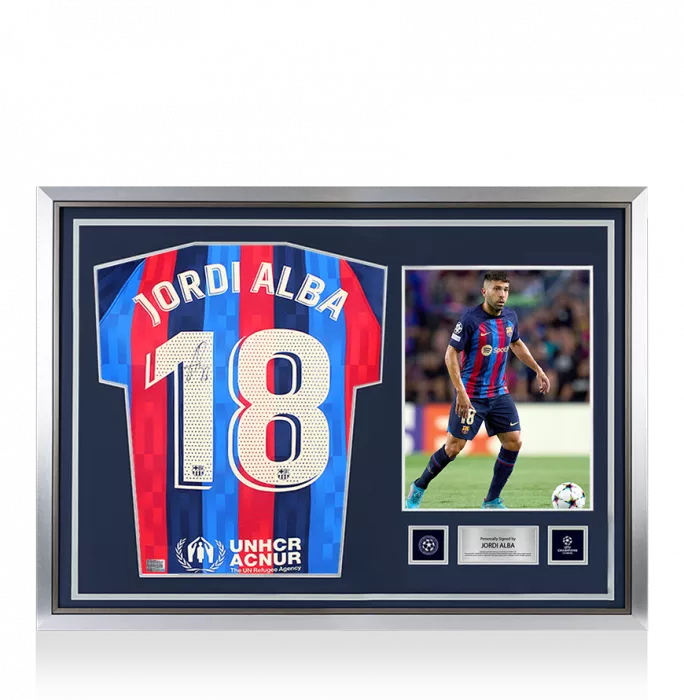 icons Jordi Alba Official UEFA Champions League Back Signed and Hero Framed FC Barcelona 2022-23 Home Shirt