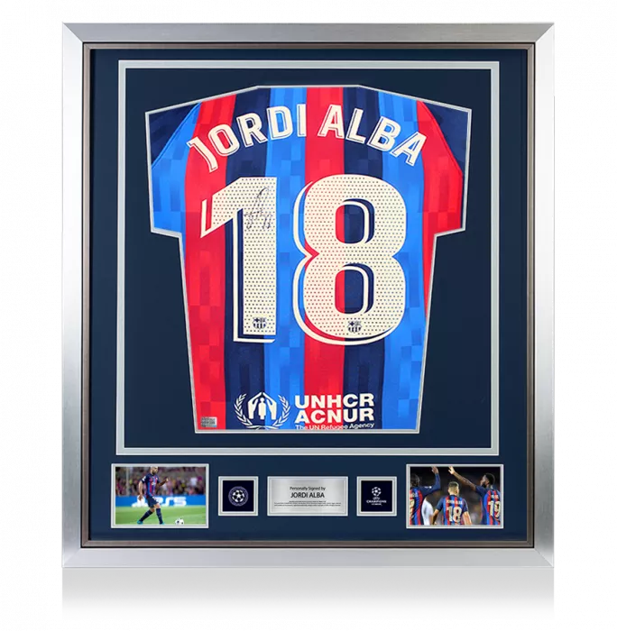 icons Jordi Alba Official UEFA Champions League Back Signed and Framed FC Barcelona 2022-23 Home Shirt