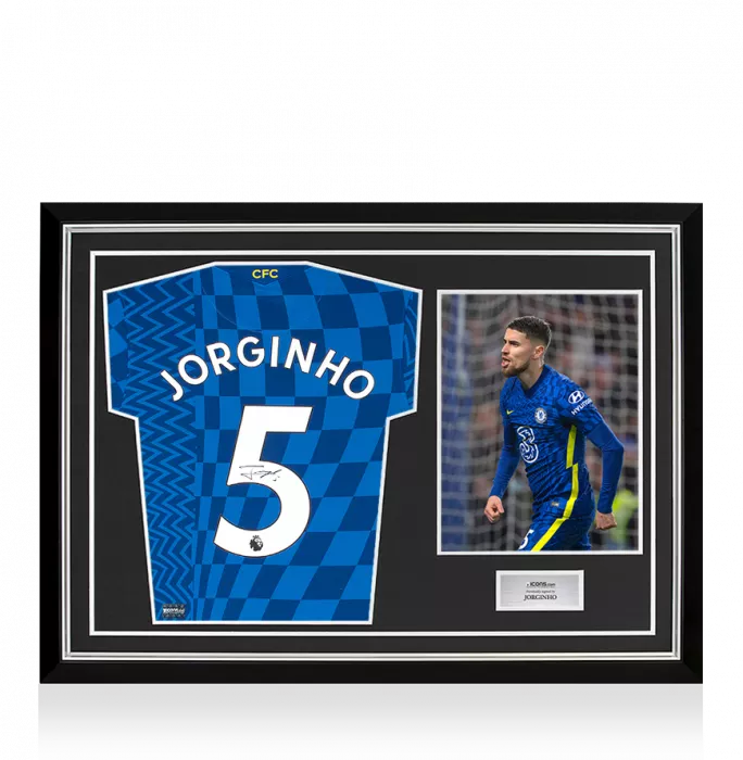 icons Jorginho Back Signed Chelsea 2021-22 Home Shirt In Hero Frame: Option 1