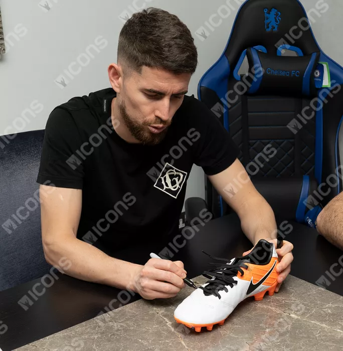 Icons Jorginho Signed White And Orange Nike Tiempo Boot In Acrylic Case