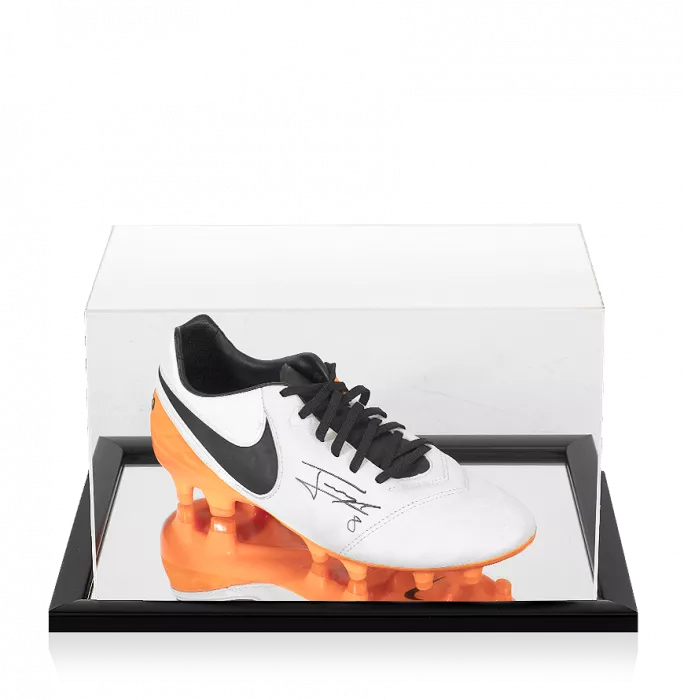 icons Jorginho Signed White and Orange Nike Tiempo Boot In Acrylic Case