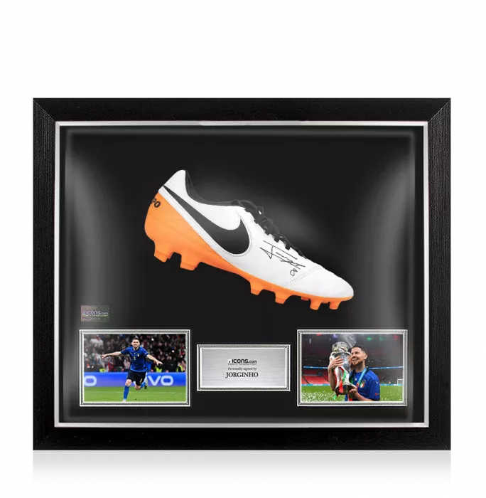 icons Jorginho Signed White and Orange Nike Tiempo Boot In Bubble Frame: Italy Option