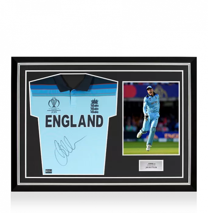 icons Jos Buttler Front Signed Blue England One-Day Cricket Shirt In Hero Frame: Option 1