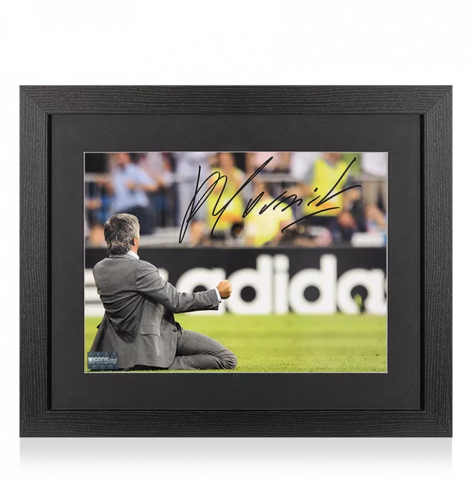 Icons Jose Mourinho Signed Photo In Black Wooden Frame: UEFA Champions League Kneeslide Celebration