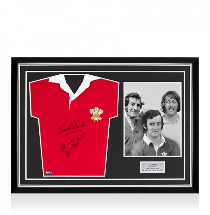 Icons JPR Williams Gareth Edwards & Phil Bennett Signed Wales Rugby Shirt In Hero Frame: Option 1