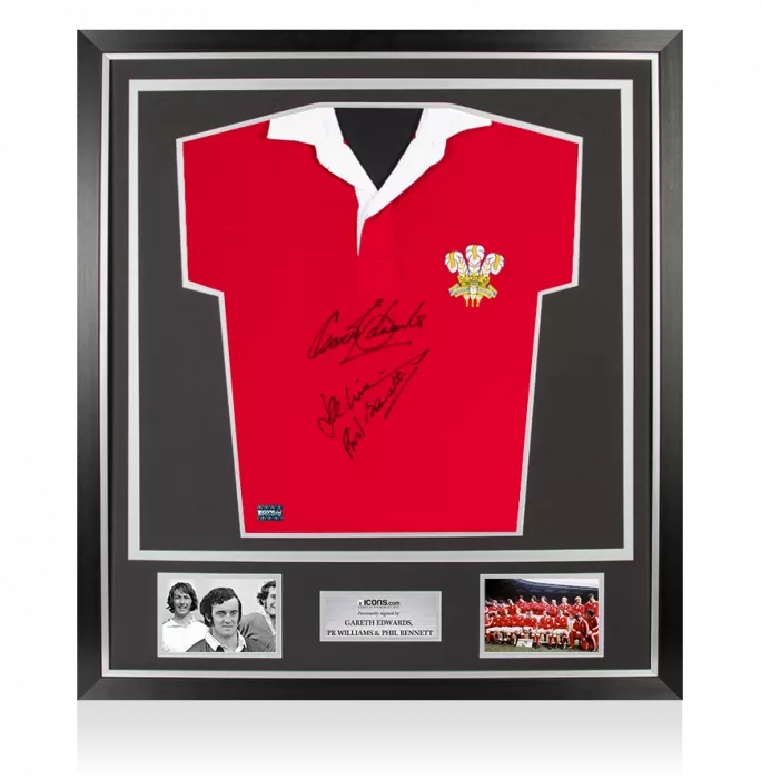 icons JPR Williams Gareth Edwards & Phil Bennett Signed Wales Rugby Shirt In Classic Frame