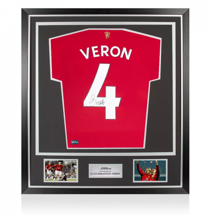 icons Juan Sebastian Veron Signed Modern Manchester United Home Shirt with Fan Style Numbers In Classic Frame