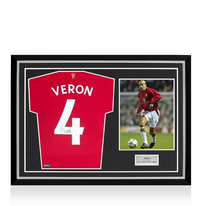 icons Juan Sebastian Veron Signed Modern Manchester United Home Shirt with Fan Style Numbers In Hero Frame: Option 1