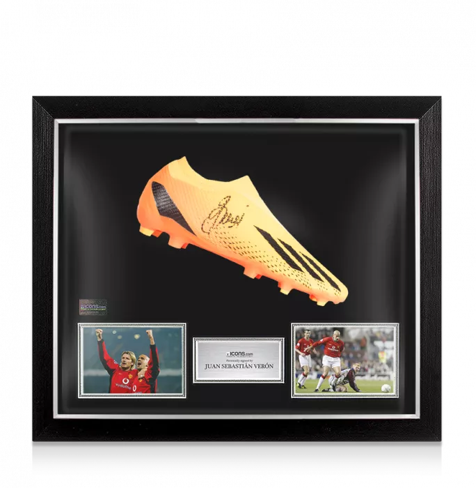 icons Juan Sebastian Veron Signed Orange Adidas Boot In Bubble Frame: Option 1