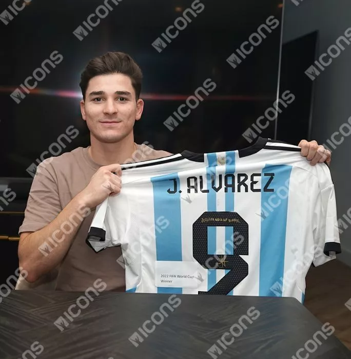 Icons Julian Alvarez Back Signed Argentina 2022 Home Shirt - "2022 FIFA World Cup Winner" Inscription In Classic Frame