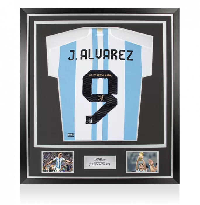icons Julian Alvarez Back Signed Argentina 2022 Home Shirt - "2022 FIFA World Cup Winner" Inscription In Classic Frame