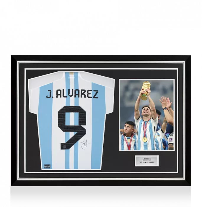 icons Julian Alvarez Back Signed Argentina 2022 Home Shirt In Hero Frame: Option 1