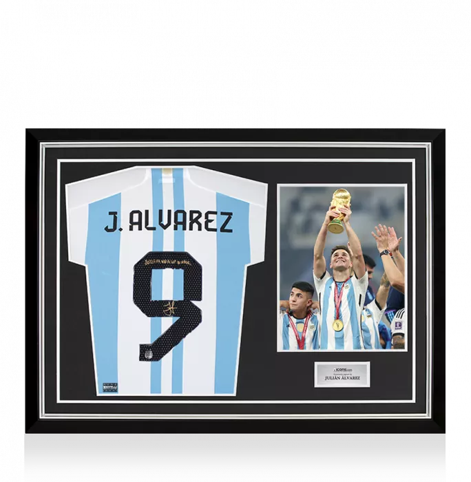 icons Julian Alvarez Back Signed Argentina 2022 Home Shirt - "2022 FIFA World Cup Winner" Inscription In Hero Frame: Option 1