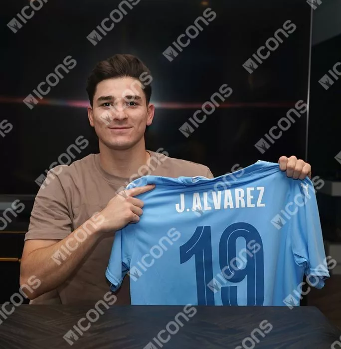 Icons Julian Alvarez Back Signed Manchester City 2023-24 Home Shirt In Classic Frame