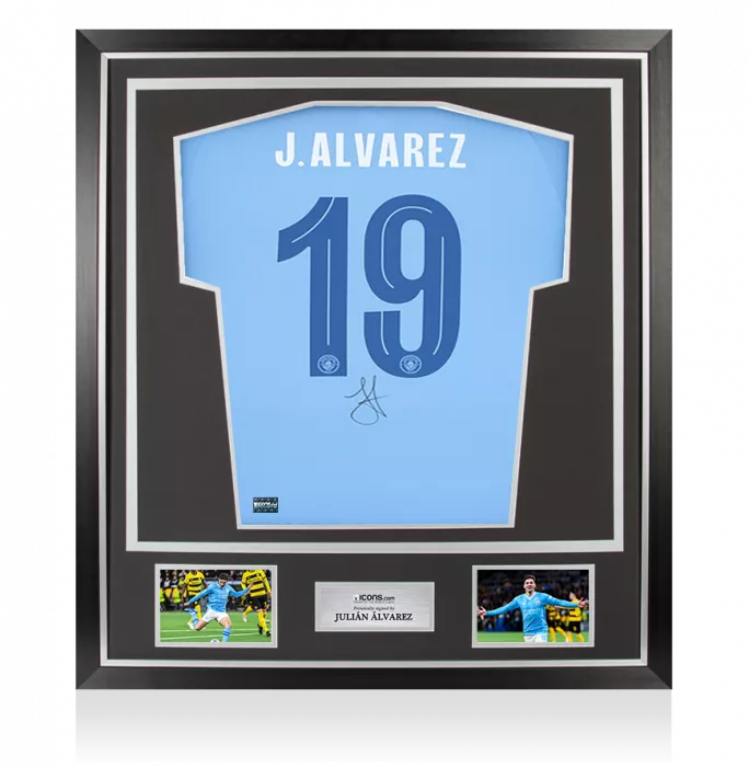 icons Julian Alvarez Back Signed Manchester City 2023-24 Home Shirt In Classic Frame