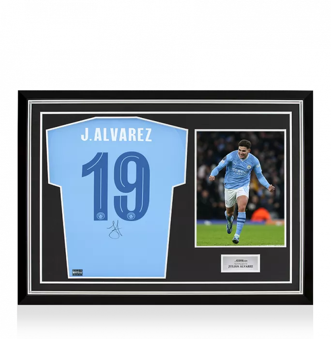 icons Julian Alvarez Back Signed Manchester City 2023-24 Home Shirt In Hero Frame: Option 1