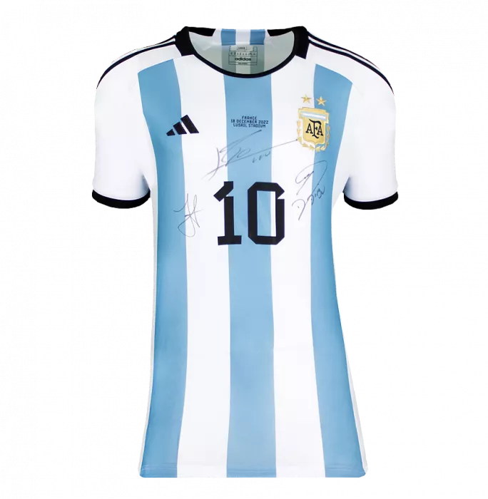 Icons Julian Alvarez Emiliano Martinez & Lionel Messi Official 2022 FIFA World Cup™ Front Signed And Framed Argentina 2022 Home Shirt